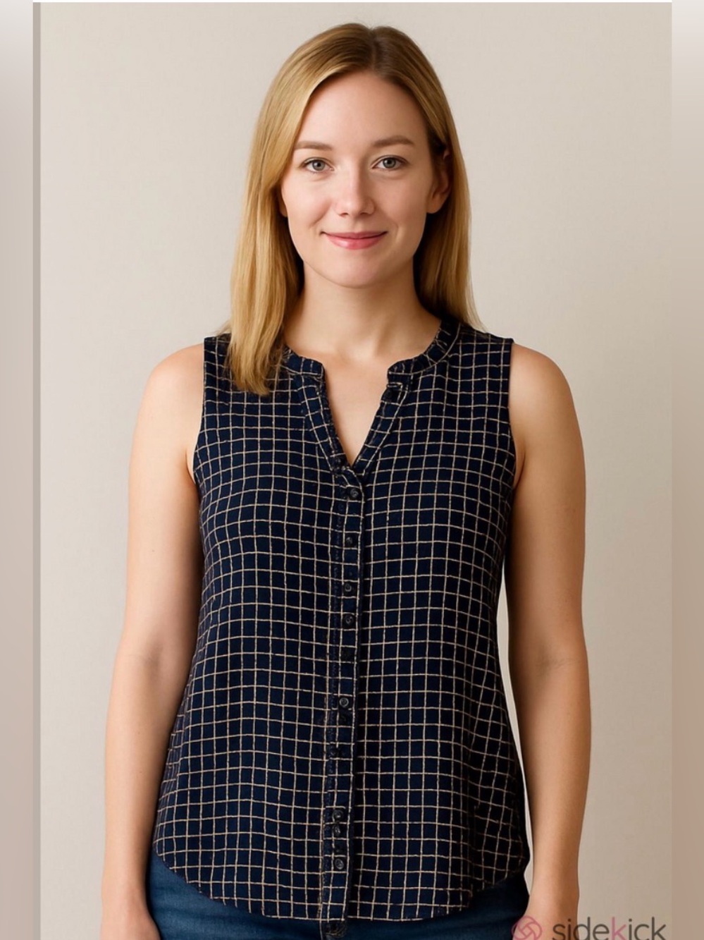 Ann Taylor Petite XXSP Geometric Sleeveless Blouse Blue White Keyhole Shell